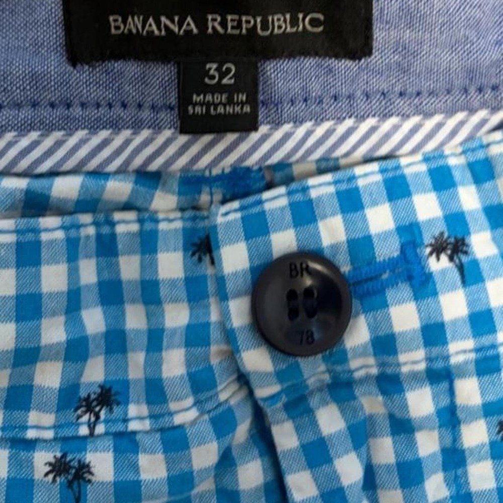 Banana Republic Shorts Mens 32 Blue Gingham Palm Tree Embroidered Summer Preppy - Picture 3 of 3